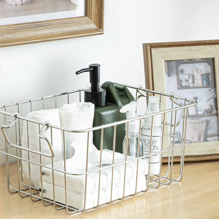 High-quality Stainless Steel Storage Basket withconvenient double handles,featuring a durable metal construction and sleek design.Perfect for contemporary, classic, minimalist, Japanese, and mid-century modern styles.