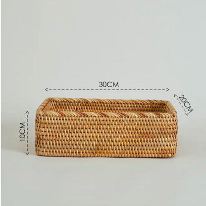 Natural inspired rectangle wicker storage box crafted from durable rattan material. Size 30×20×10 CM.