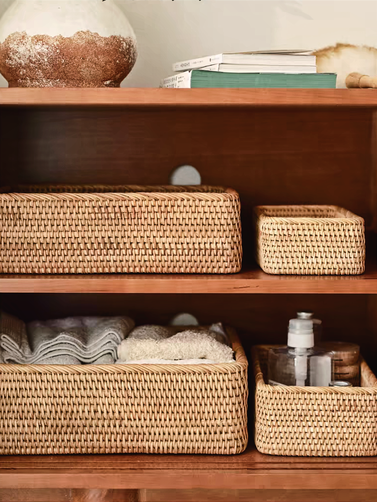 Rectangle rattan storage box placed in a dining room sideboard, ideal for storing utensils, cups,snacks and other home accessories.