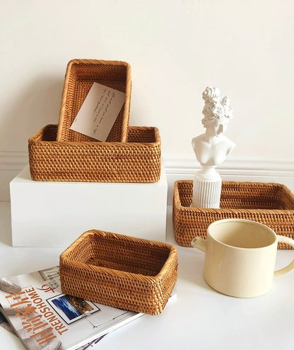 Rattan wicker storage box with multiple-size used as a decorative incense tray, adding a natural touch to home fragrance displays. Ideal for bathroom, living room, bedroom, entryway.