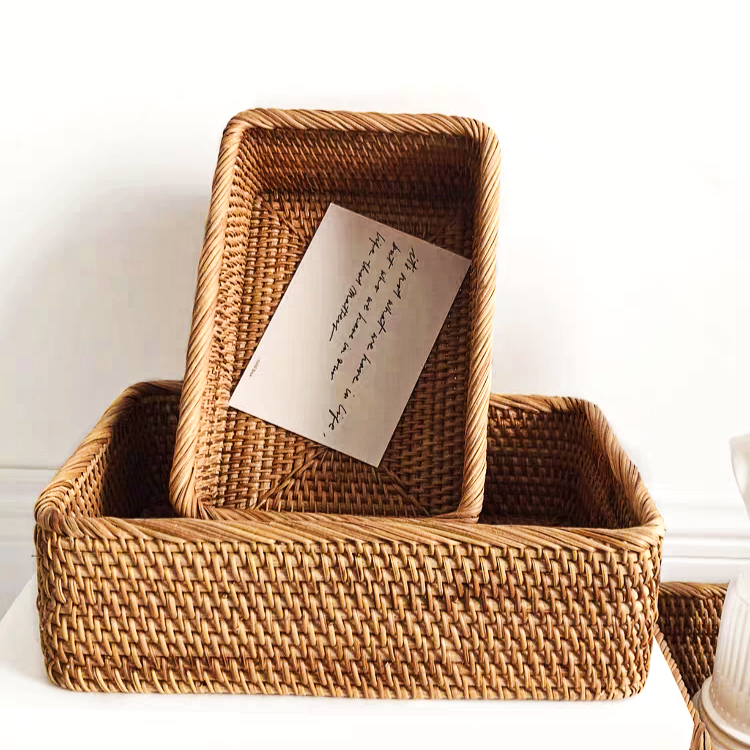 Rectangle rattan wicker storage box available in multiple sizes for various storage needs. Perfect for kitchen, bathroom, bedroom, and desktop organization.