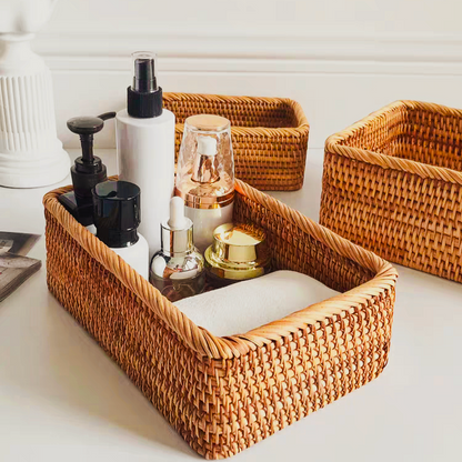 Rectangle rattan wicker storage box used for storing bathroom essentials like toiletries and towels