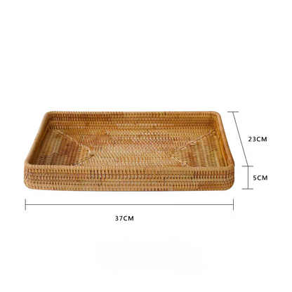 Durable rectangle wicker storage tray crafted from sturdy natural rattan. Size:37×23×5 cm.