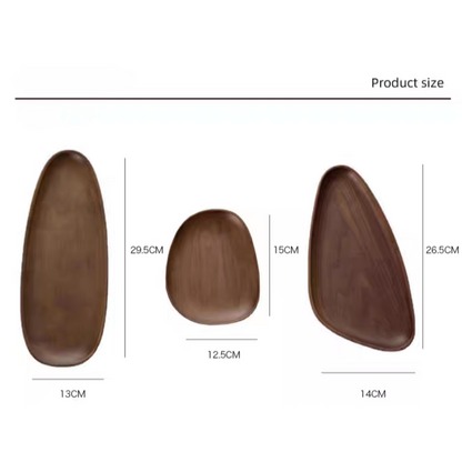 Complete look at the solid wood serving trays, showcasing the kidney-shaped, oval, and triangle shapes with natural walnut wood finish, different size available for wide use.