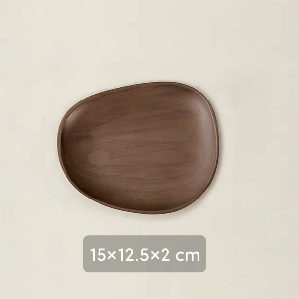 Detailed view of the oval-shaped wooden tray, emphasizing the beautiful walnut wood grain and eco-friendly, handmade quality, suitable for coffee time. Size：15×12.5×2 cm