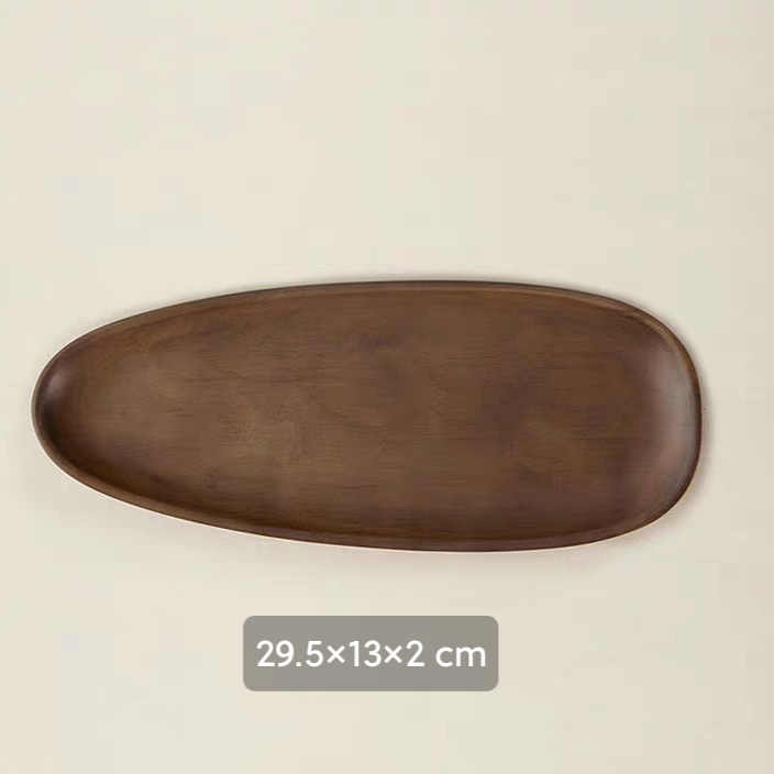 Close-up of the kidney-shaped solid wood tray, showing the smooth, natural wood texture and high-quality construction, perfect for serving desserts and snacks or as a coffee tray. Size: 29.5×13×2 cm