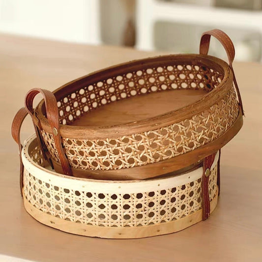 Round Rattan Wicker Storage Tray with Leather Handles