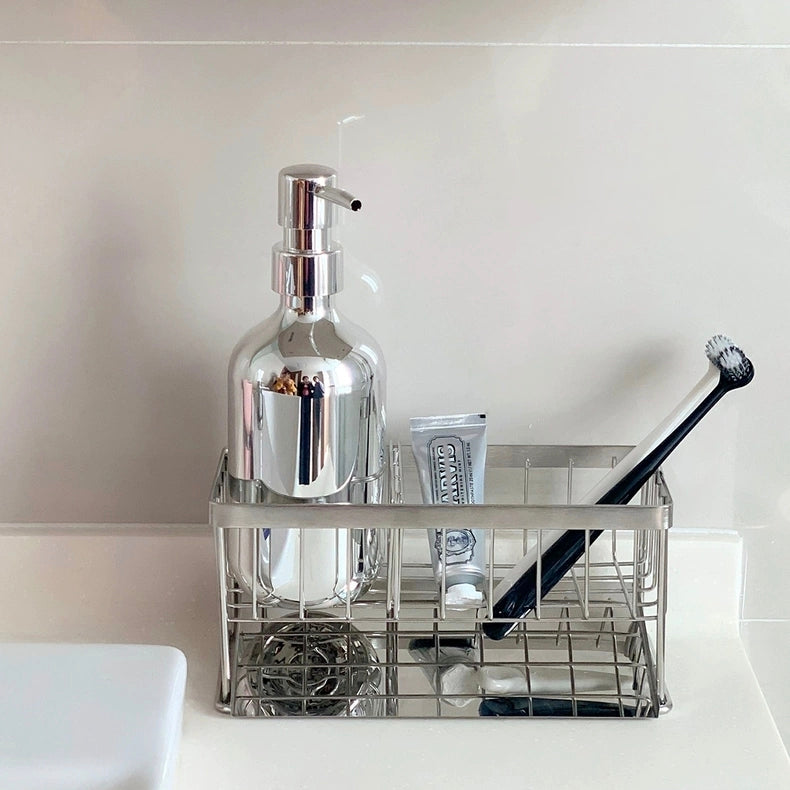 Stylish and functional bathroom organizer, featuring a removable drain tray to keep bathroom bottles, skincare products, and cleaning supplies organized.