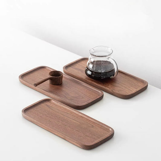 Full view of the Small Natural Wooden Rectangle Tray holding desserts and coffee cups, enhancing dining table aesthetics