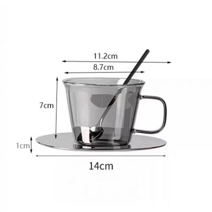 Display of the silver glass coffee cup set, perfect for a minimalist and elegant home café. Showcasing the size and capacity of the cup. capacity of 250 ml.