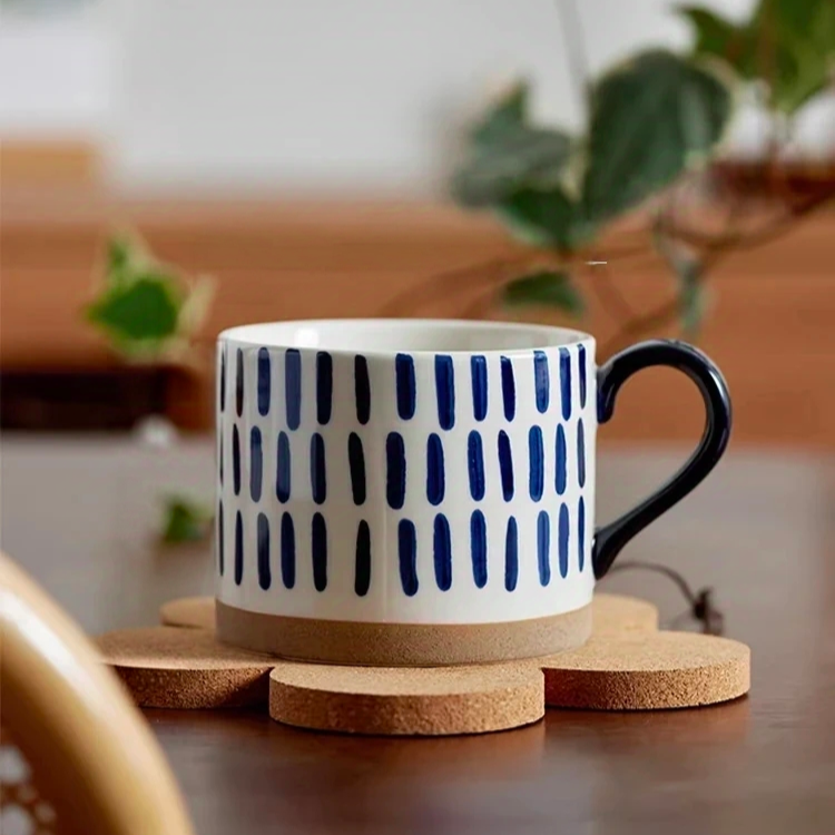 Minimalist Nordic Blue Hand-Painted Ceramic Mug 15.2 OZ - Vertical Line