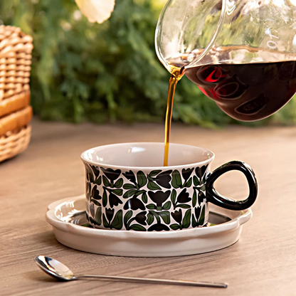 Artistic Forest-Inspired Ceramic Mug with Saucer - Dark Tulip
