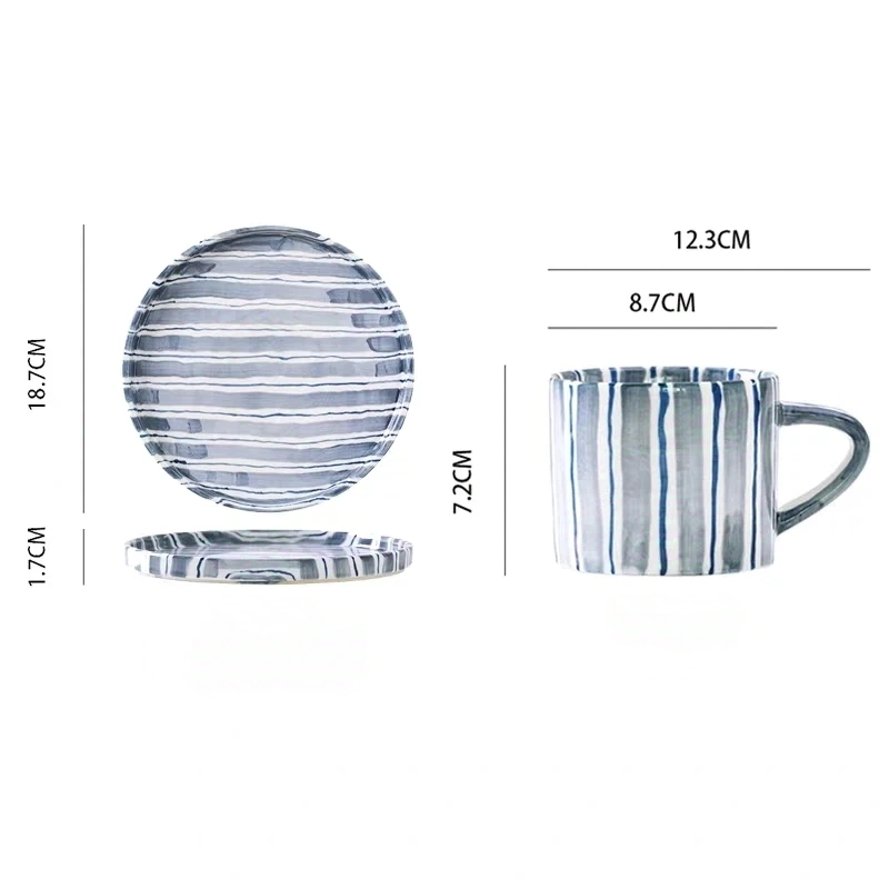 A Cup and a large ceramic plate with elegant cerulean blue stripes, designed with a minimalist and contemporary Nordic style. Perfect for main courses, this plate adds a stylish touch to your modern dining experience.