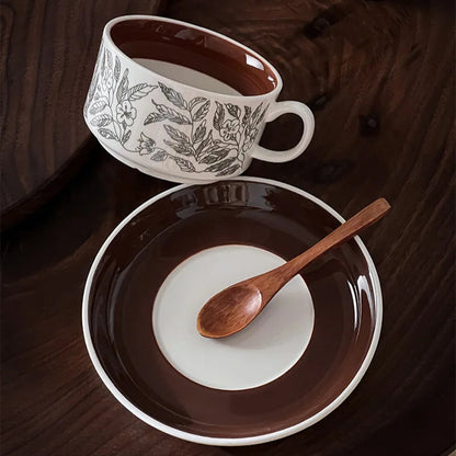 A nature-inspired ceramic mug with a saucer, great for eco-friendly and minimalist homes. Elegant pattern, durable and eco-friendly.