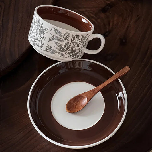 A nature-inspired ceramic mug with a saucer, great for eco-friendly and minimalist homes. Elegant pattern, durable and eco-friendly.