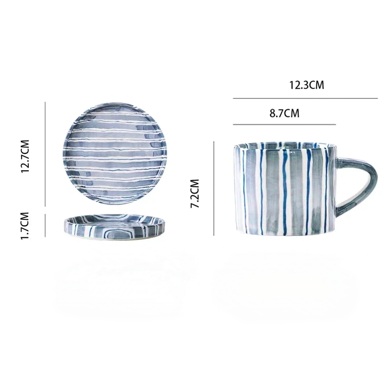 Ceramic cup and small plate setwith vibrant cerulean blue stripes, featuring a minimalist and modern design. Ideal for serving snacks or desserts, this plate complements Nordic and Scandinavian table settings.