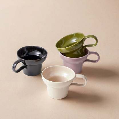 Coffee cups in four Mordandi colours, designed with wide mouth, perfect for making latte art.