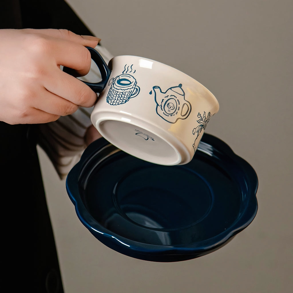 Hand-drawn bread pattern ceramic mug with saucer, perfect for rustic kitchen and café-style decor. Craft from durable and safe ceramics.