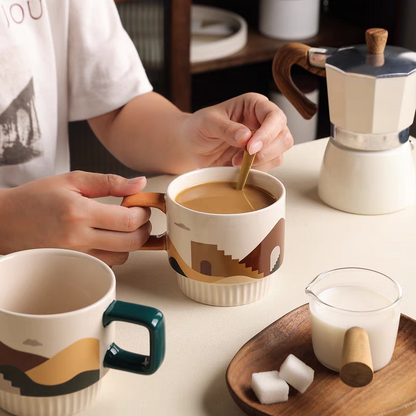 Elegant ceramic mug with a desert cactus design, filled with frothy latte, highlighting its 320 ml capacity and ergonomic handle.