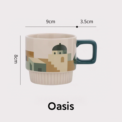 Elegant ceramic mug with an oasis-inspired pattern, highlighting the precise artwork and ergonomic size suitable for coffee and tea lovers.