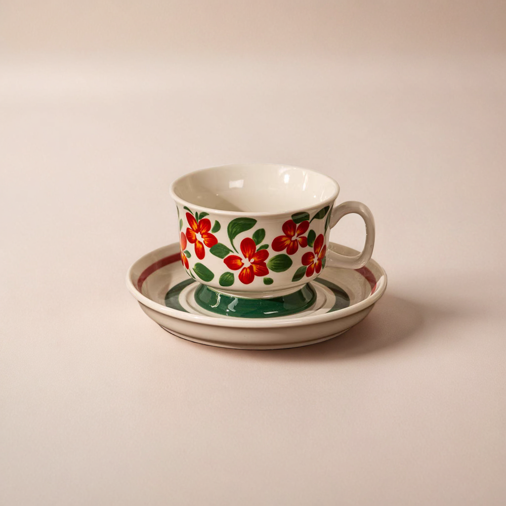 Elegant ceramic cup resting on a 14.3 cm (5.63 inches) saucer with a matching floral design, highlighting Scandinavian simplicity.