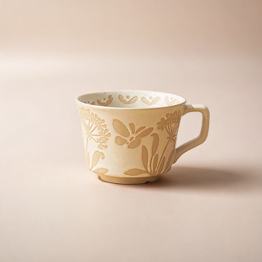 Ceramic mugs with textured finishes and butterfly pattern, blending retro and modern aesthetics for a versatile décor style including Japandi, Scandinavia, cottage and minimalist styles.