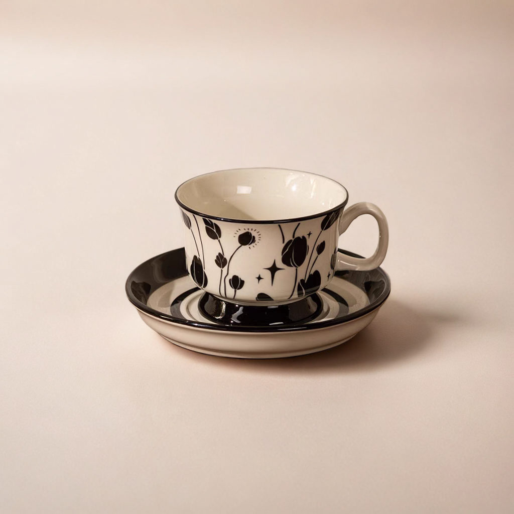 220ml (7.44 oz) ceramic cup with elegant black plant patterns and Scandinavian simplicity.