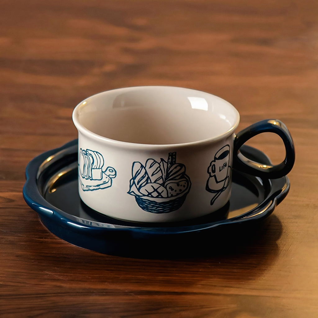 Handcrafted ceramic teacup with saucer, featuring artisanal bread illustrations for vintage lovers. Microwave and dishwasher safe.