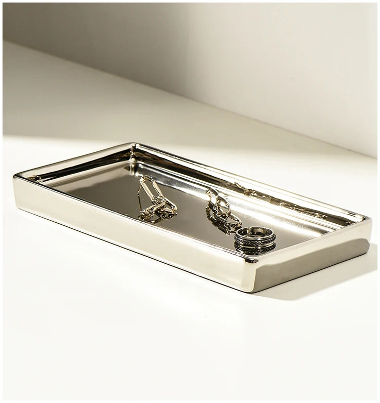 Medium-Sized Rectangle Silver Finish Tray - Perfectly displayed on countertop, elegantly organizing jewelry and small accessories.