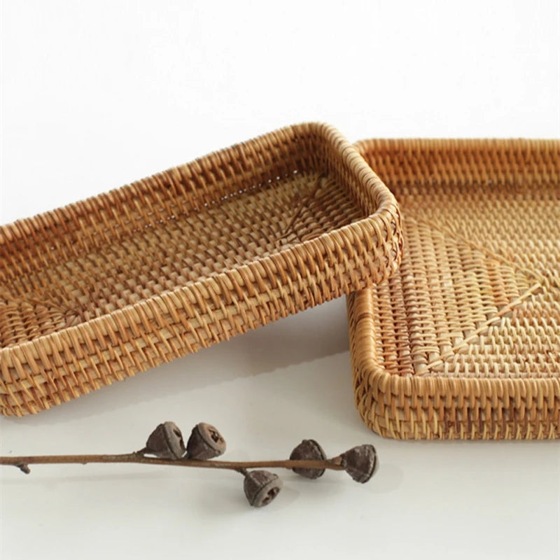 Rattan wicker tray placed in the entryway to hold keys and small items, providing practical storage