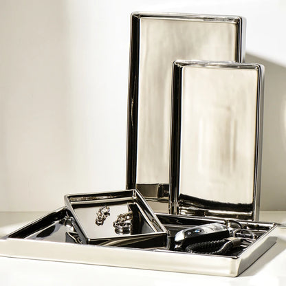 Rectangle Silver Finish Decorative Tray in Elegant Silver - Showcasing the high-quality ceramic and enamel material with a sleek modern design. Three sizes available.