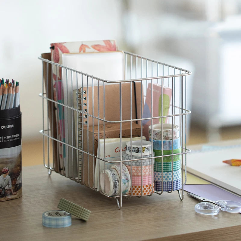 Organize your study space with this convenient stainless steel basket, perfect for storing stationery, books, and miscellaneous items while maintaining a clean and organized workspace.