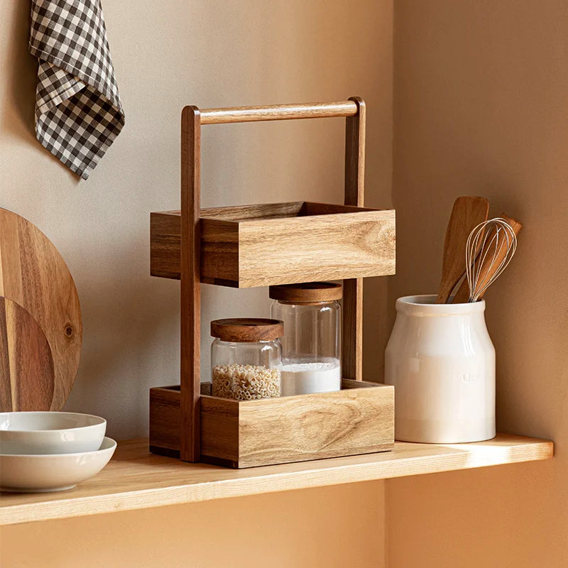 Functional kitchen countertop storage basket, crafted from eco-friendly wood for spices and kitchenware