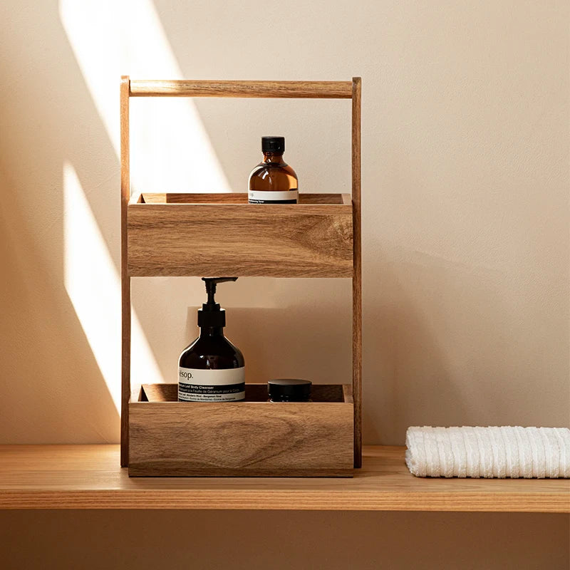 Stylish bathroom organizer with eco-friendly wooden design, ideal for skincare, makeup, cosmetics and toiletries storage