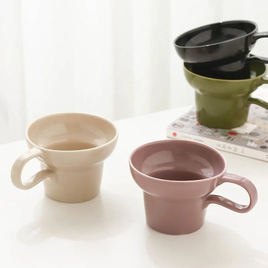 Premium Minimalist Retro Ceramic Cups in Soft green, powder purple, creamy white and black - Showcasing Minimalist-inspired design and wide mouth for versatile use.