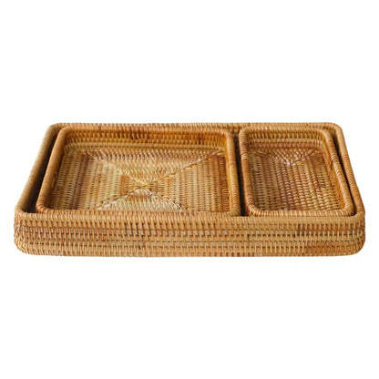 Multiple rattan wicker trays used together for a cohesive and versatile storage solution