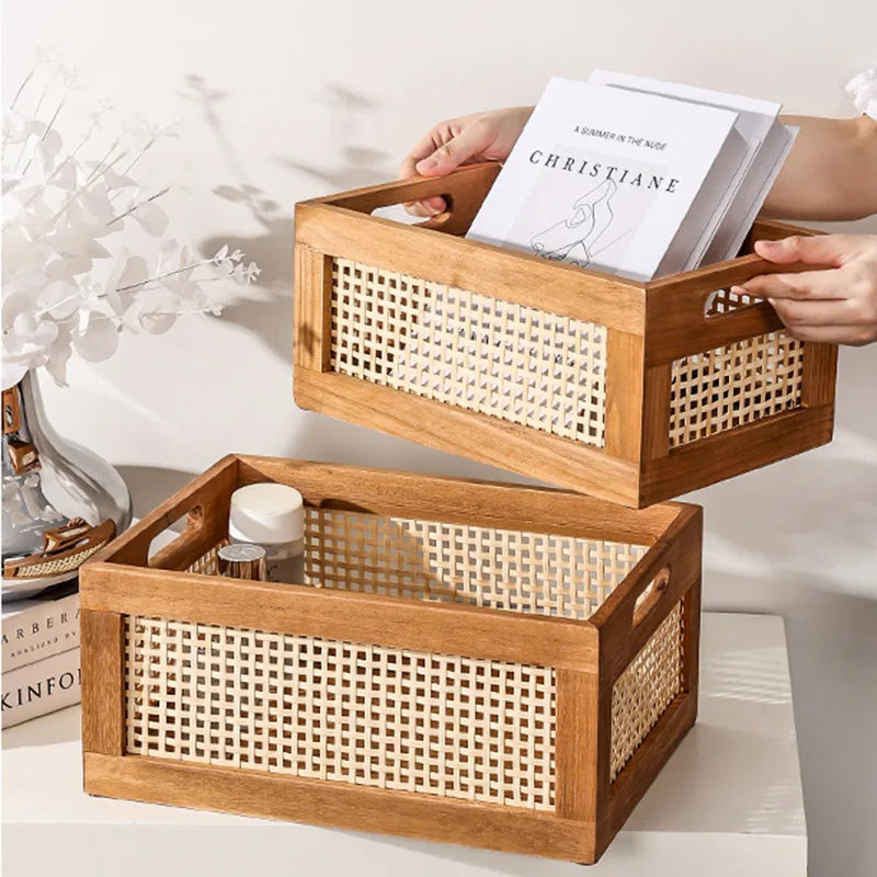 Rattan and wood container perfect for makeup and skincare.