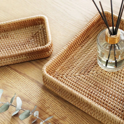 Close-up of the natural rattan texture on the decorative wicker storage tray