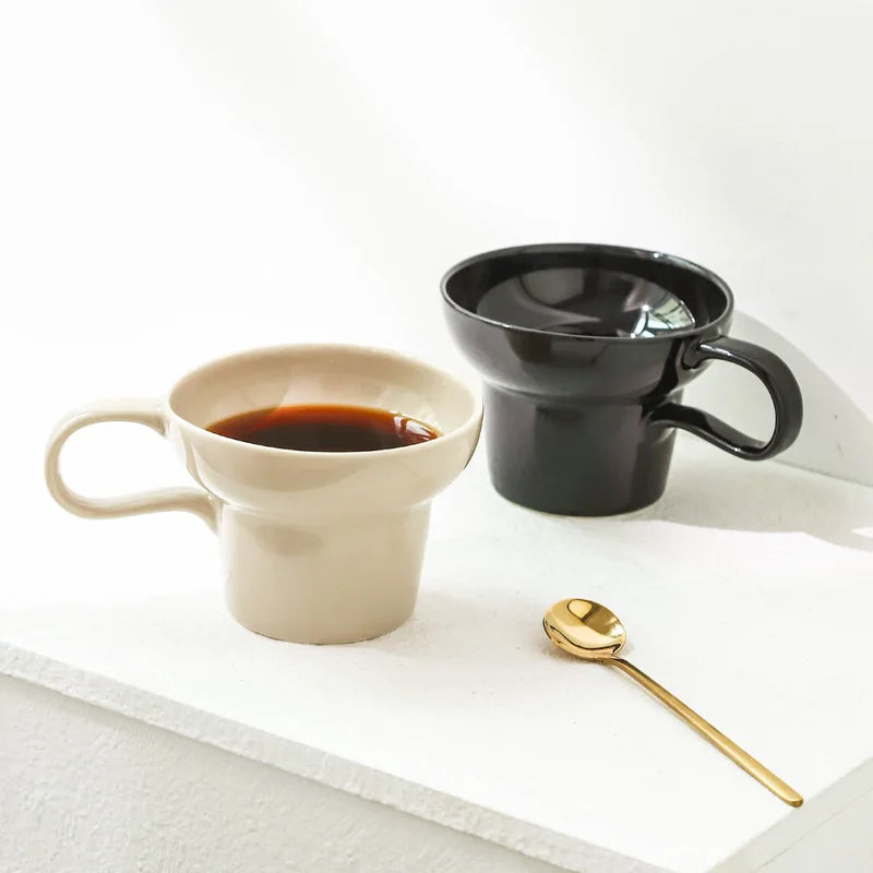 Premium Minimalist Retro Ceramic Cup  with coffee, demonstrating its versatility for hot and cold beverages, and comfortable handle for easy grip.