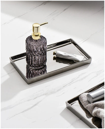 Silver Finish Tray on a Bathroom Countertop - Displaying bath essentials and decorative items, adding a touch of luxury and organization.