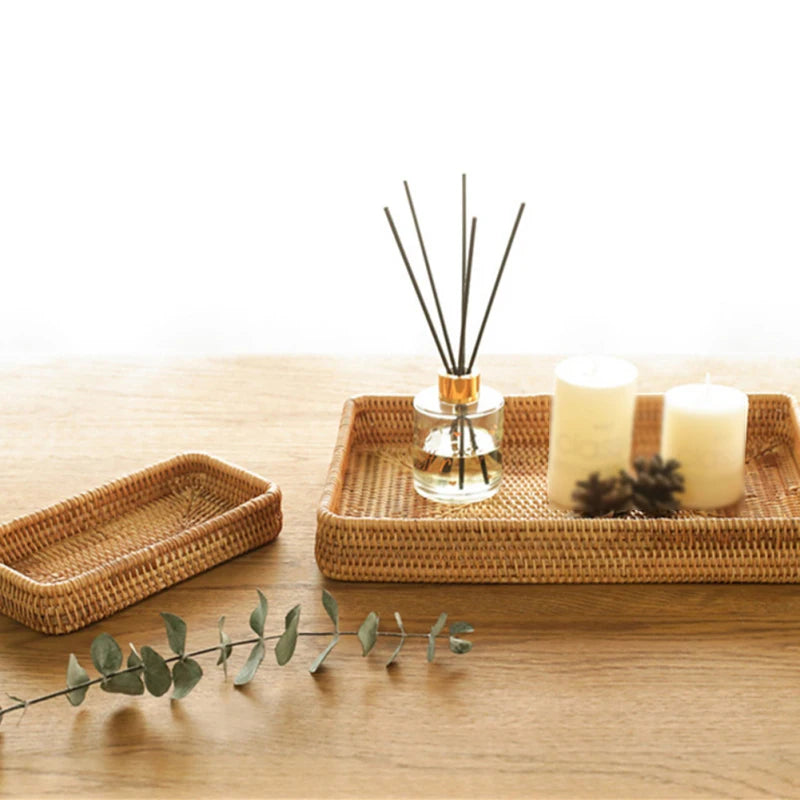 Rectangle rattan wicker storage tray available in multiple sizes for versatile use, can be used as a decorative incense holder, enhancing room ambiance