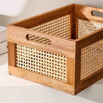 Natural-inspired storage solution blending rattan and wood textures