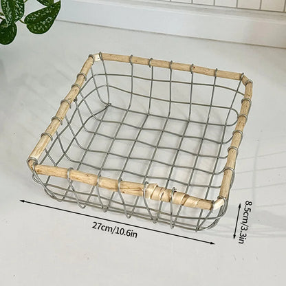 Full view of the large square woven metal wire storage basket, highlighting its spacious design and blend of eco-friendly rattan and durable metal for Scandinavian minimalism.