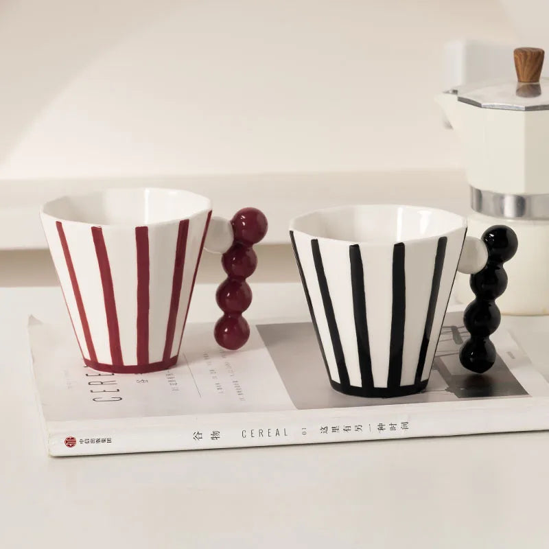 Elegant Ceramic Couple Mugs with Retro Stripes - Black and Red color options displayed, showcasing the creative and minimalist design.