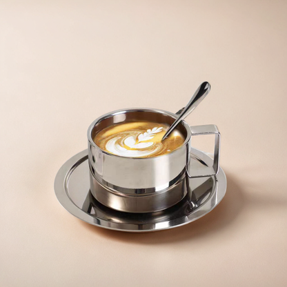 Sleek stainless steel coffee cup with matching tray and spoon, showcasing modern minimalism and industrial style, ideal for home and café serving.