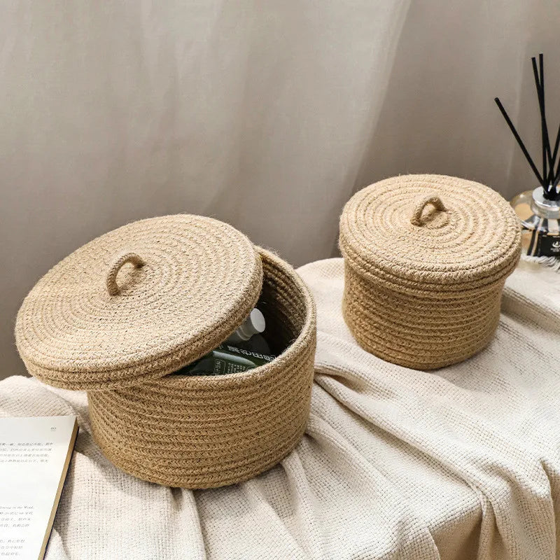 Ideal for bathroom or entryway use, this eco-friendly jute basket provides stylish storage for small essentials and personal items.