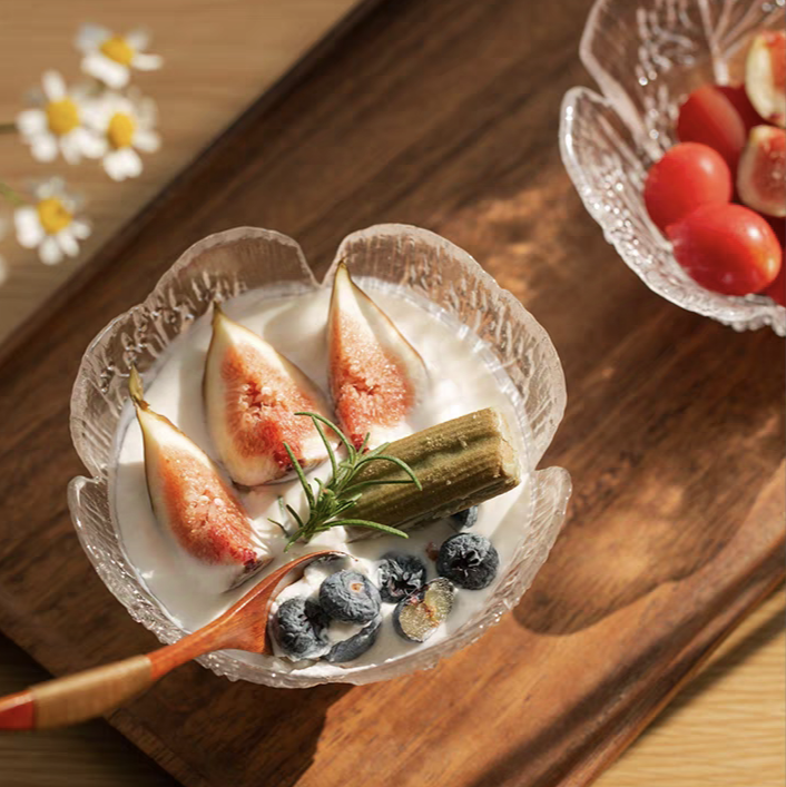 Embossed glass bowl filled with layered yogurt parfait, perfect for breakfast or afternoon tea in classic and contemporary homes