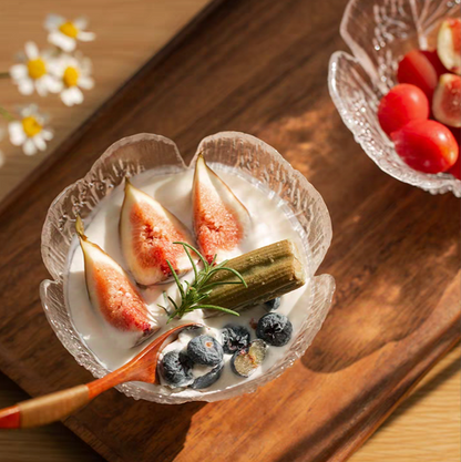 Embossed glass bowl filled with layered yogurt parfait, perfect for breakfast or afternoon tea in classic and contemporary homes