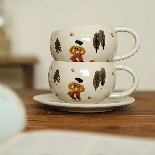 Image of a ceramic coffee cup and saucer set featuring a charming hand-painted girl walking through an autumn forest. This whimsical handmade pottery mug includes a matching saucer with botanical motifs, ideal for cozy mornings, Scandinavian drinkware collectors, and fans of aesthetic, cottagecore-inspired cups.