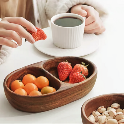 Used as a stylish serving tray for fresh fruits, highlighting the natural wood texture and functional dividers.